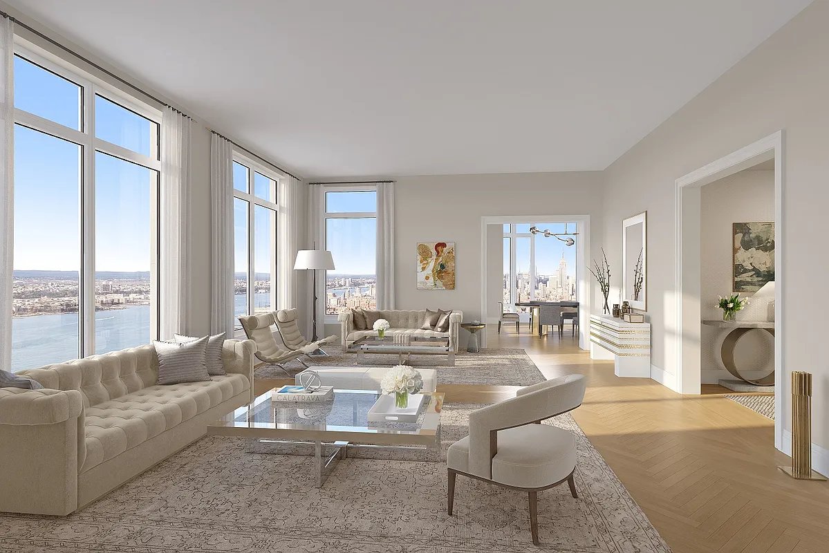 30 Park Place #67C, Tribeca, New York. Living room with Hudson River views